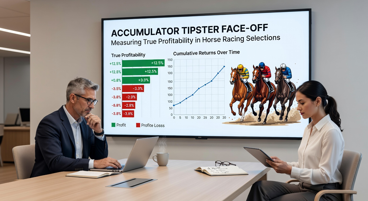 Side-by-side comparison table of five accumulator tipsters' performance stats, including ROI, strike rate, and max drawdown from recent horse racing campaigns