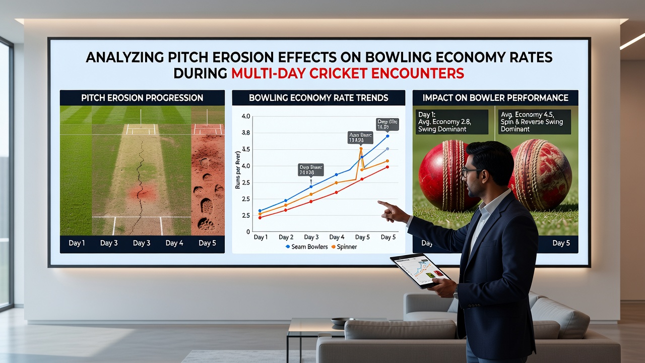 Bowlers and batters in action on a deteriorating pitch during a multi-day international match with visible wear patterns