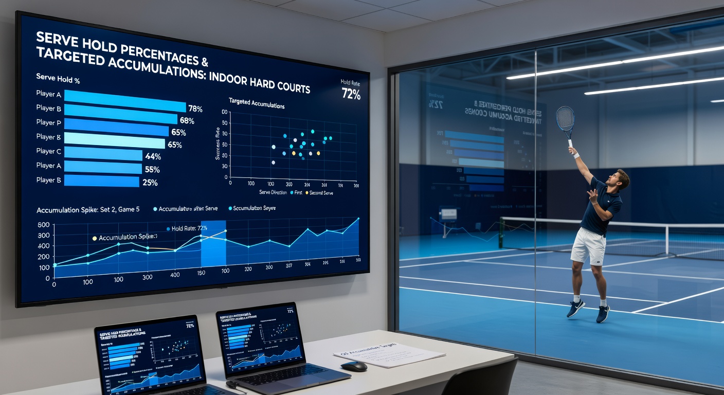 Close-up of tennis statistics chart showing serve hold percentages on indoor hard courts