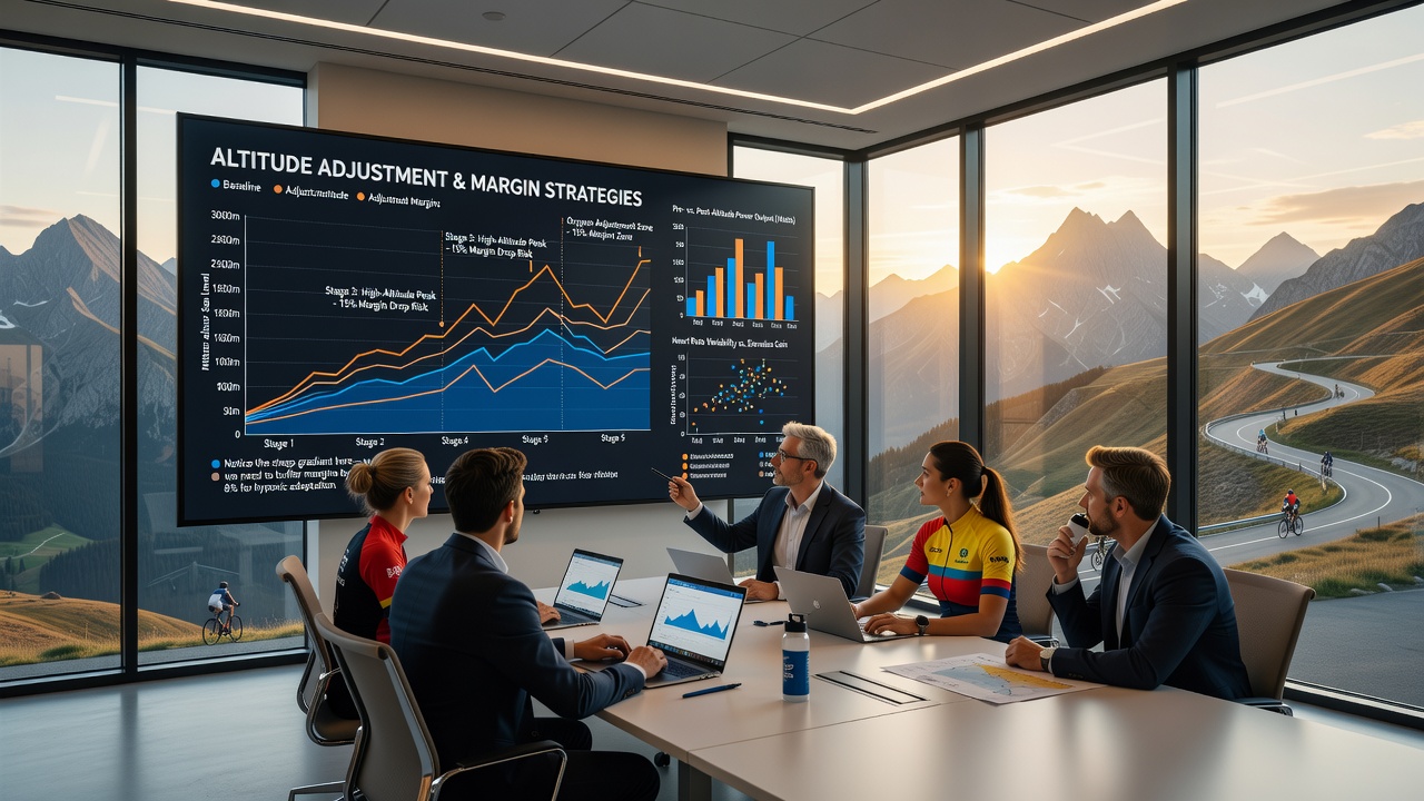 Data analysts reviewing cycling performance charts and altitude simulation models on multiple screens