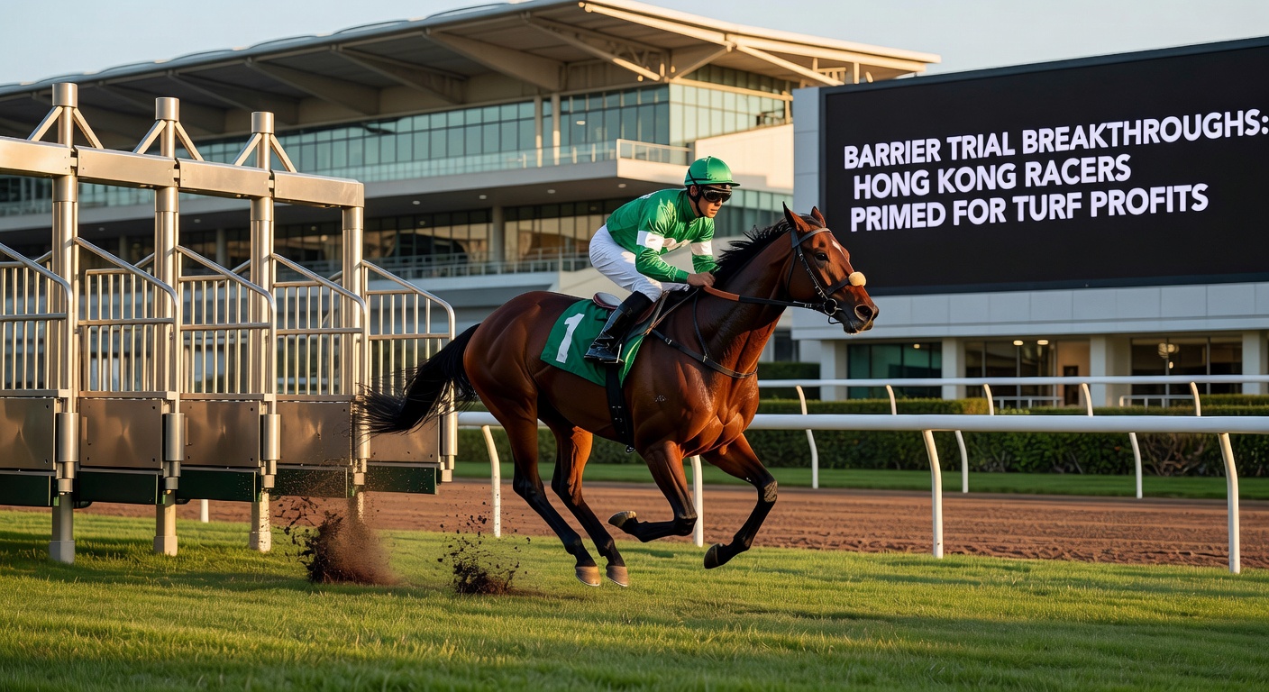 Close-up of a breakthrough horse powering through the final stages of a Hong Kong barrier trial, sweat flying and jockey urging maximum effort