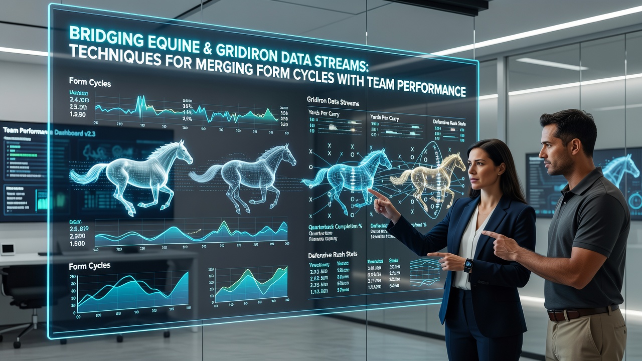 Analyst reviewing merged equine and gridiron datasets on multiple monitors with statistical overlays