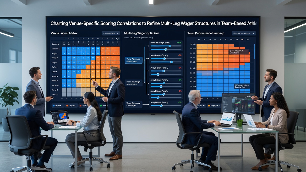 Interactive dashboard screenshot showing multi-leg wager simulations with venue correlation overlays and probability distributions