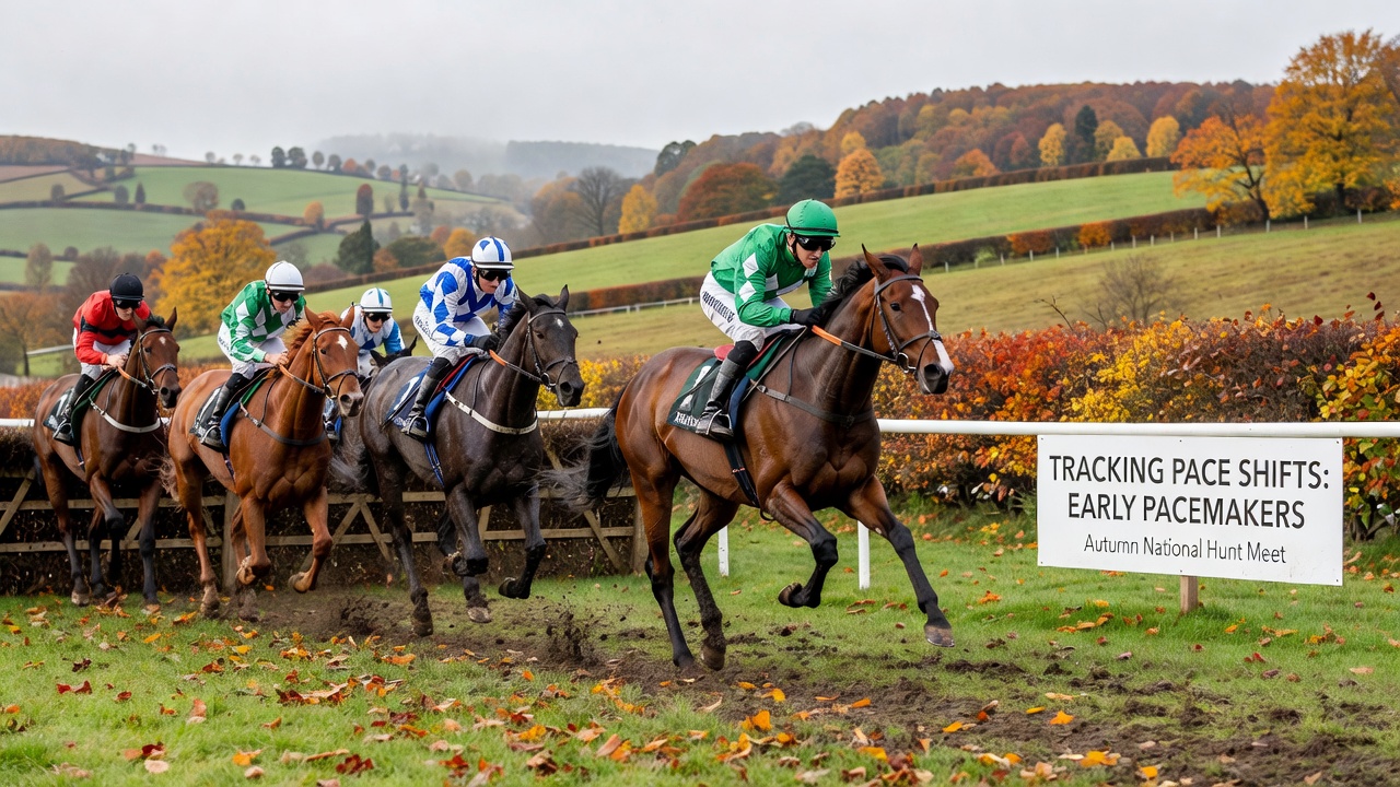 Jockeys monitoring pace changes in a cross country chase with autumn foliage visible in background