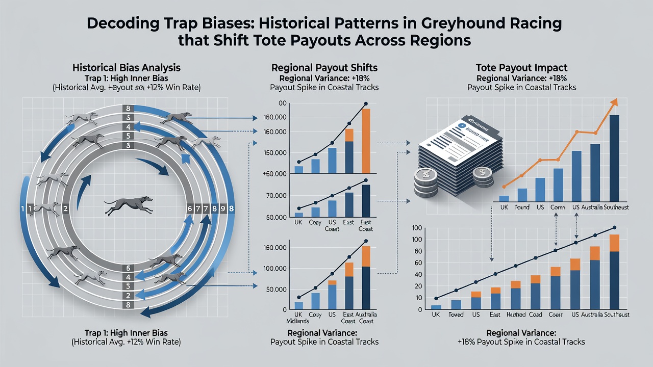 Historical greyhound race chart showing trap performance data across multiple tracks