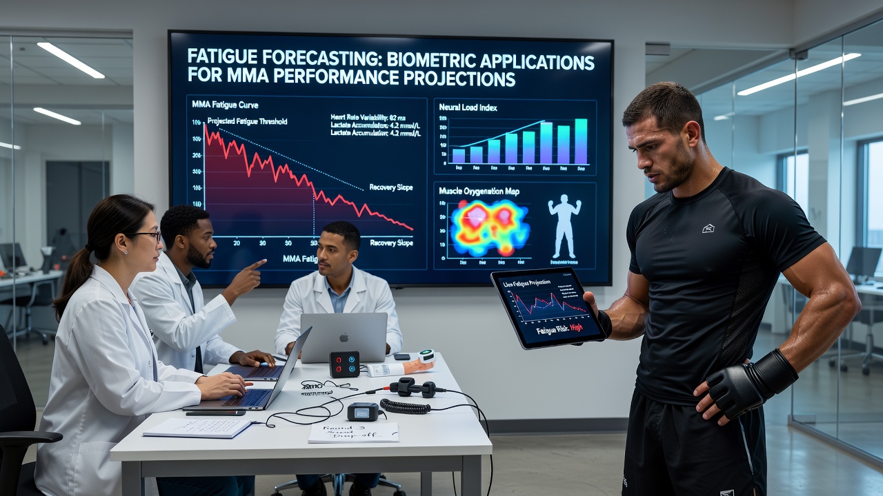 Biometric dashboard displaying MMA fighter fatigue scores and performance projections