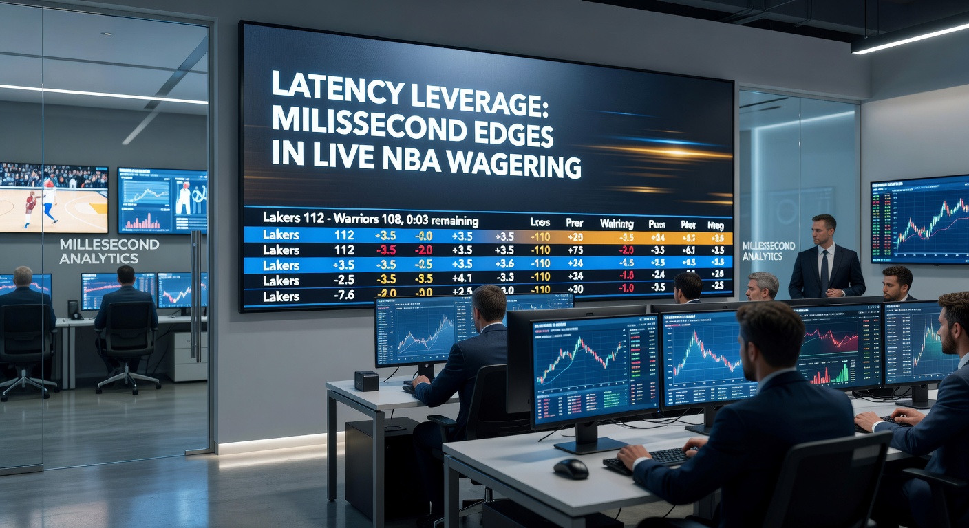 Close-up of a trader's multi-monitor setup displaying synchronized NBA live feeds, odds comparisons, and latency meters during a tense fourth-quarter rally