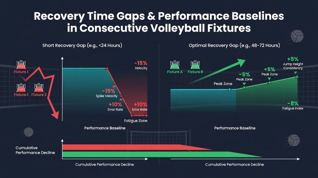 Volleyball team analyzing recovery data and performance metrics between league fixtures