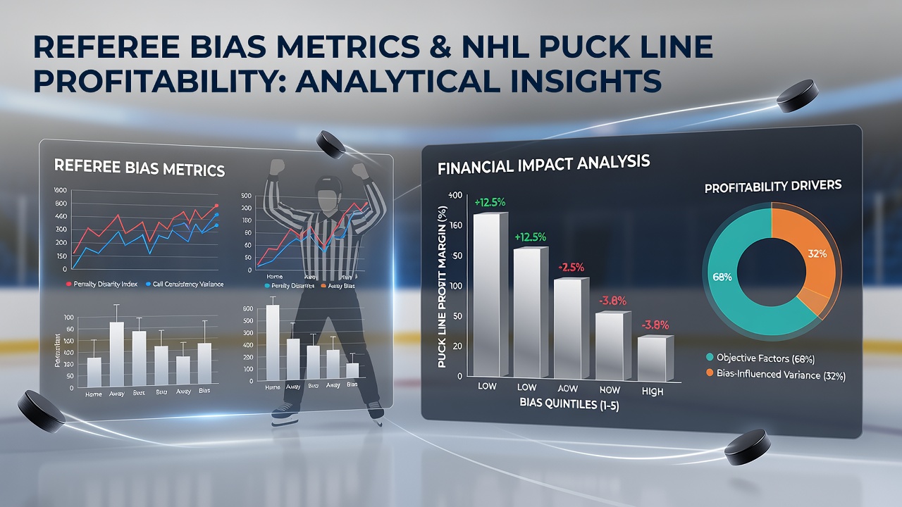 Analytics dashboard displaying NHL referee bias charts and puck line profit trends over multiple seasons