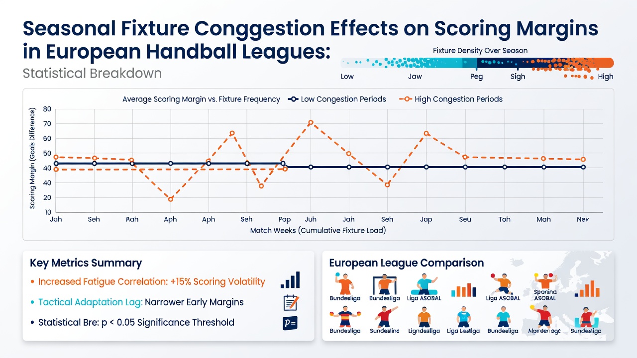 Handball match statistics board displaying goal margins and player workload data during congested fixtures