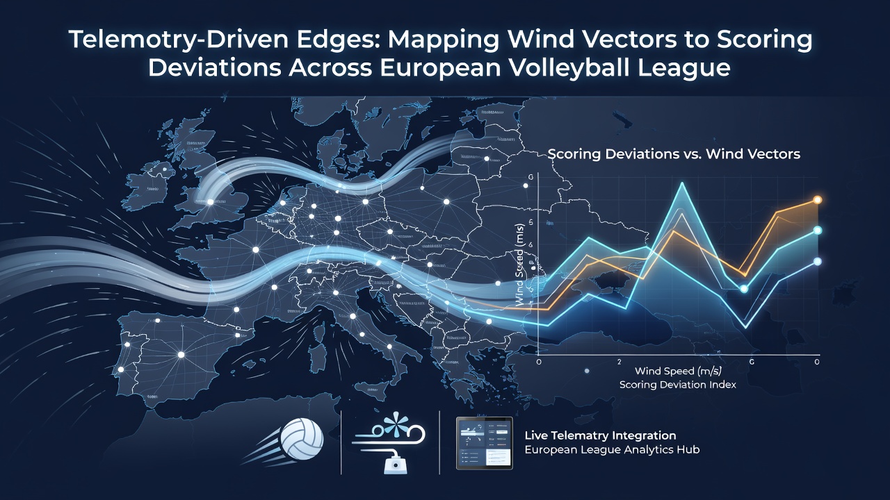 Data visualization dashboard displaying wind vector overlays on a volleyball court with scoring deviation statistics