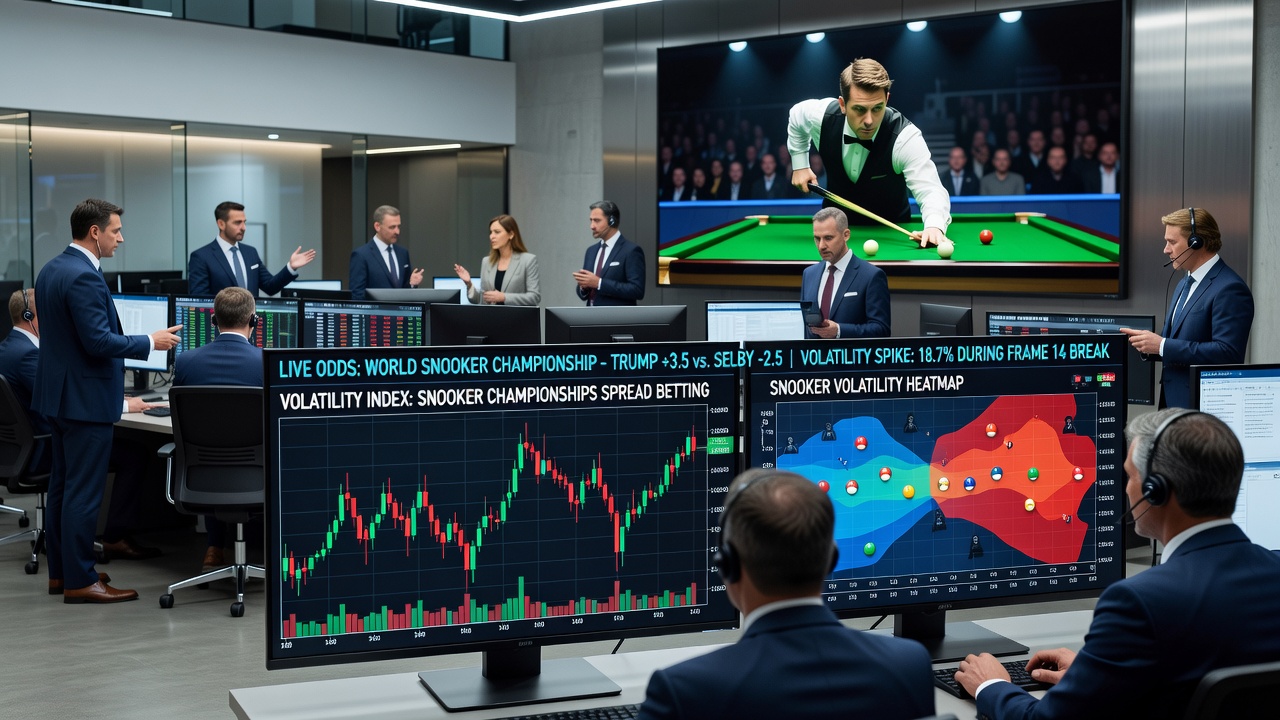 Close-up of snooker table with betting data overlays showing fluctuating spreads during a championship