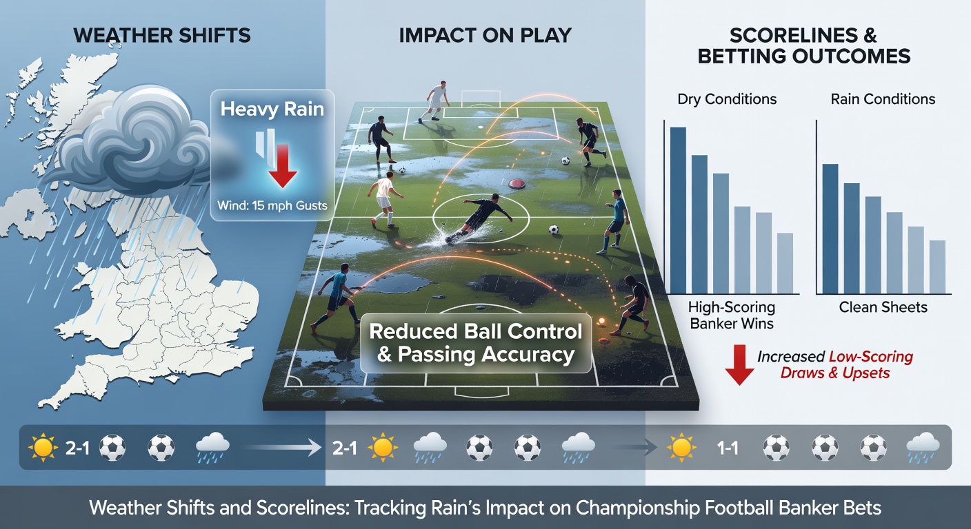 Line graph comparing average goals per game in Championship matches: dry conditions in blue peaking at 2.8, rainy games in gray dipping to 1.9, with draw percentages overlaid
